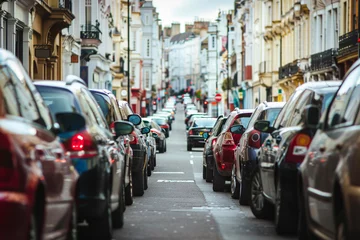 Fensteraufkleber An image of a narrow street filled with parked cars and moving traffic, causing congestion and delays for drivers. © Алсу Канюшева
