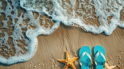 Beach scene with foamy waves and flip-flops - Two blue flip-flops placed on sandy beach with starfish around, as foamy waves approach on a sunny day