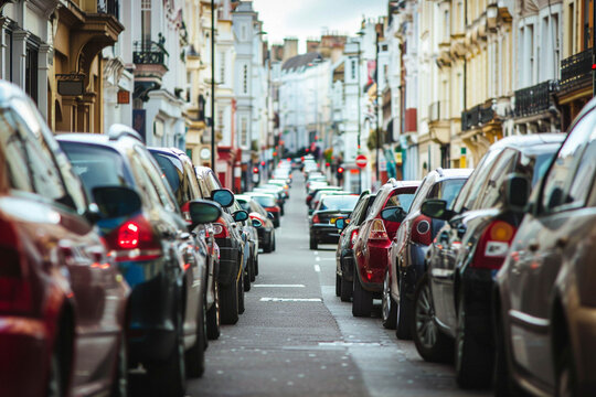 An image of a narrow street filled with parked cars and moving traffic, causing congestion and delays for drivers.
