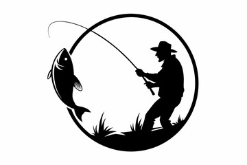 fisherman cought the fish in cercle silhouette vector on white background.