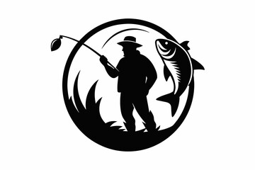 fisherman cought the fish in cercle silhouette vector on white background.