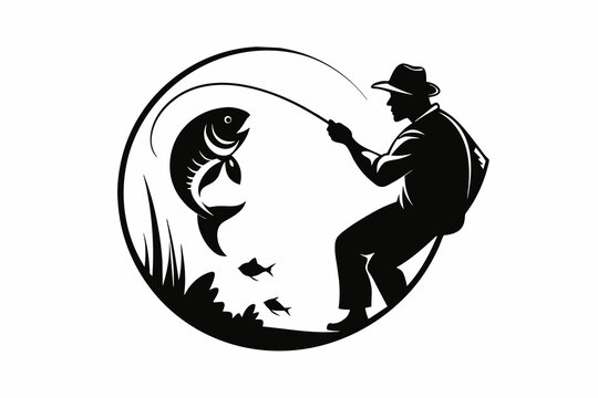 fisherman cought the fish in cercle silhouette vector on white background.