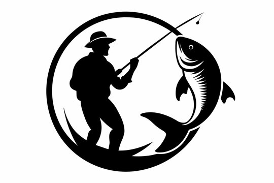 fisherman cought the fish in cercle silhouette vector on white background.