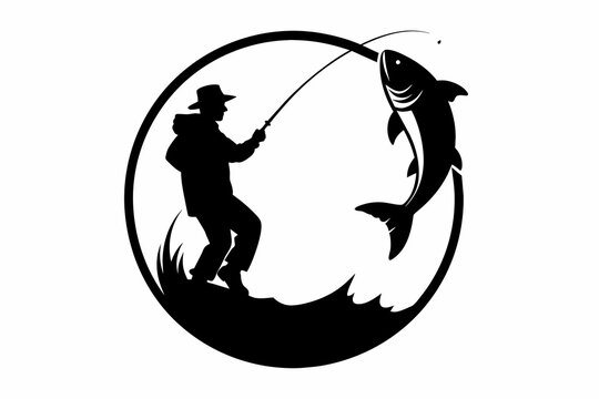fisherman cought the fish in cercle silhouette vector on white background.
