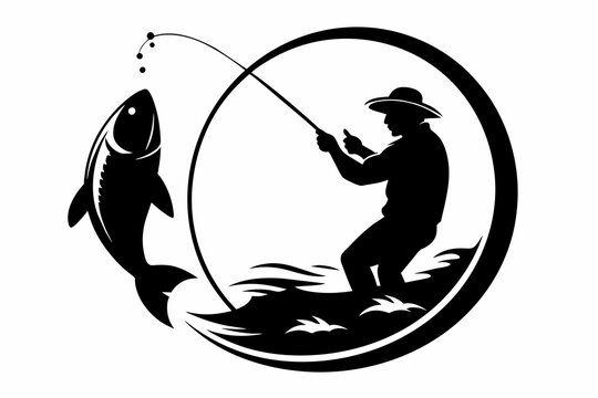 fisherman cought the fish in cercle silhouette vector on white background.
