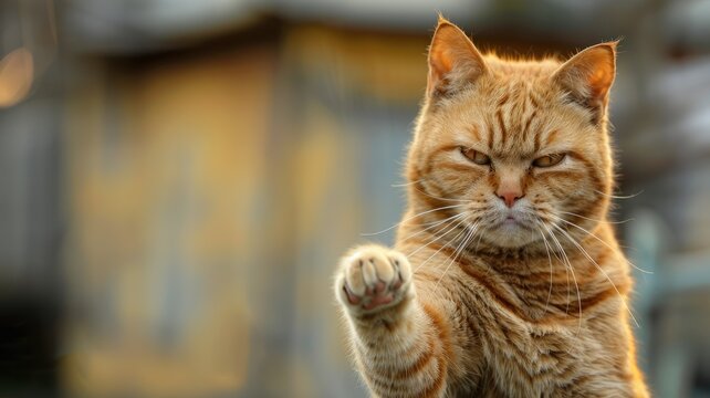 Grumpy ginger cat with raised paw - A charismatic ginger cat raising its paw in a seemingly grumpy or defensive stance