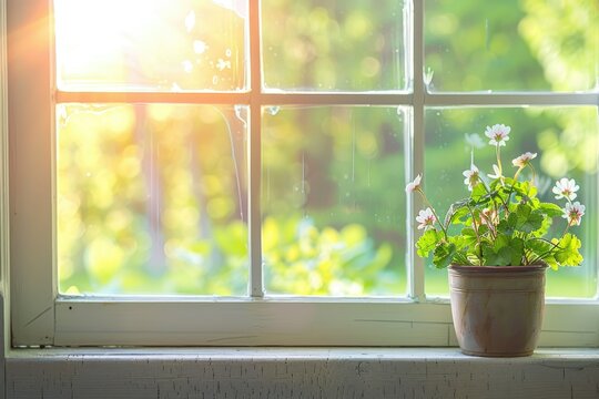 Window with flowering plant in morning light - Tranquil image of a flowering potted plant on a windowsill bathed in soft morning light
