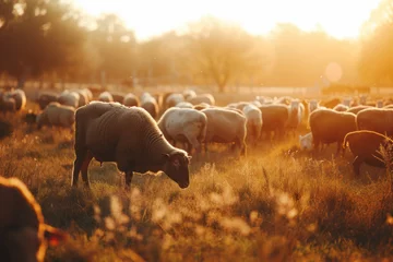 Fotobehang  Golden Hour Glow on a Tranquil Flock of Sheep Grazing in a Pastoral Field at Sunset © KirKam