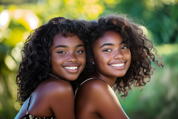 Two girls, black, African-American, identical twin sisters, one dark-skinned and the other light-skinned, sit back to back with identical smiles on their faces. Twins Day - obrazy, fototapety, plakaty
