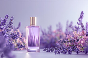 Lavender-colored perfume on a light purple background among lavender flowers. - obrazy, fototapety, plakaty
