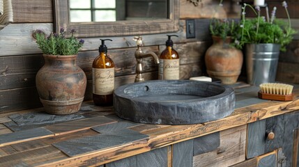 a wooden counter topped with lots of bottles of soap and a wooden bowl with a brush on top of it.