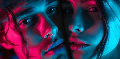 Beauty portrait of a couple in love studio neon shades