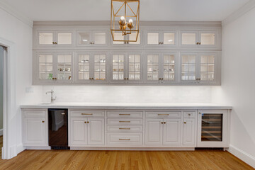 Luxury Spacious Wet Bar With White Cabinets and Wood Floors, Brass Ceiling Fixture