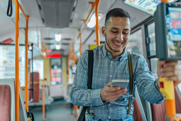 Handsome Young Adult Standing in the Public Bus and Using His Mobile Phone - obrazy, fototapety, plakaty