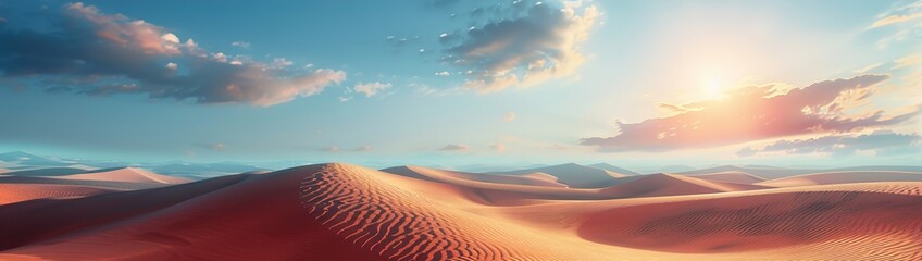 A surreal desert landscape with sand dunes stretching into the horizon under a blazing sun. - obrazy, fototapety, plakaty