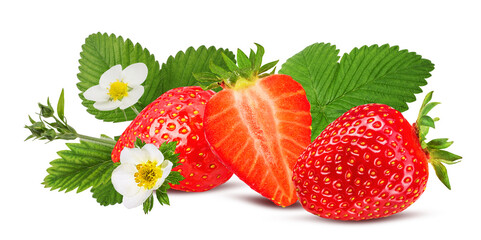 Strawberries with leaves isolated on white background with clipping path