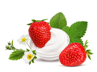 Strawberries with cream and leaves isolated on white background with clipping path