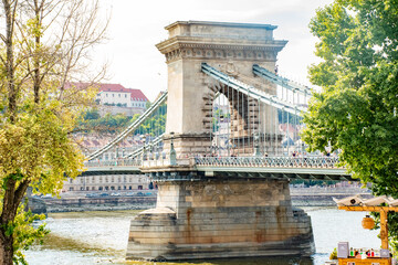 Distant View of Szechenyi Chain Bridge, Budapest, Hungary