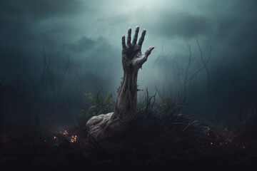 Chilling Scene of a Zombie Hand Rising from the Ground in a Foggy, Creepy Forest - obrazy, fototapety, plakaty