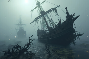 Ghostly Shipwrecks Emerging from the Misty Depths of the Mysterious Ocean