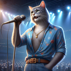 This cool and handsome Scottish Shorthair cat, created using artificial intelligence, is singing on stage with a microphone in hand, displaying a muscular appearance and stylish shirt.