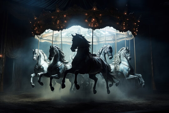 Majestic Carousel Horses Frozen in Motion on a Mystical Foggy Night