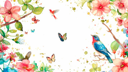 The watercolor painting portrays two vibrant birds surrounded by delicate flowers, capturing a moment of harmony and beauty in nature. Banner. Copy space