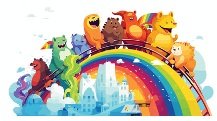 A whimsical scene of animals riding on a rainbow-co