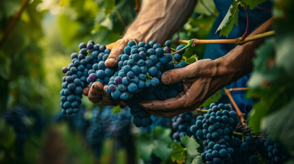 Vineyard with hands harvesting clusters of ripe grapes from the vines - obrazy, fototapety, plakaty