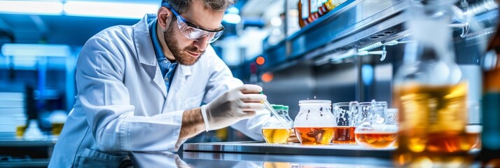Technicians in modern stainless steel brewery lab analyze samples for scientific beer brand