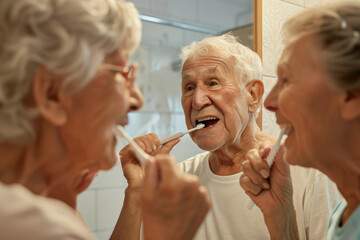 Elderly old people smile and brush their teeth in the morning, nursing home, happy old age, healthy teeth in old age