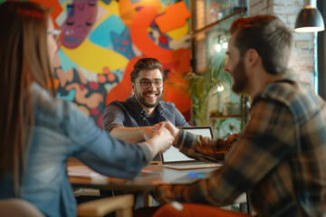  Friends Enjoying a Lively Conversation in a Cozy Cafe with Colorful Graffiti Artwork