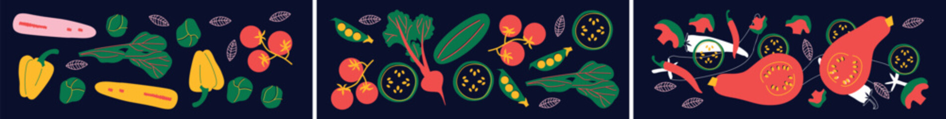 Vegetables and fruits collection. Vector flat illustration. Fruits, vegetables, berries banner