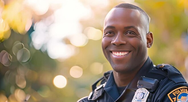 Radiating Confidence Happy African American Police Officer with Radio Set, Blurred Outdoor Background, Professionalism and Positivity in Law Enforcement
