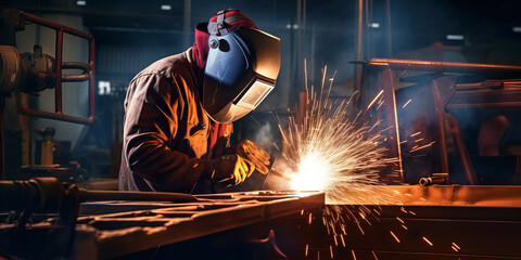 A welder in the workshop working with iron. Professional mechanic making steel.