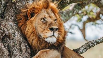 Lion with Majestic Golden Mane Resting under Tree close-up in Savanna