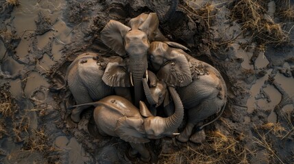 Aerial View of Elephant Family Bathing in the Heart of Africa