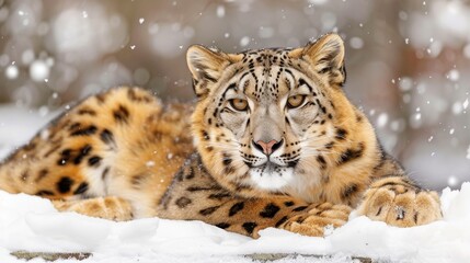 Fototapeta premium Snow leopard gracefully roaming in its natural habitat covered in glistening snow