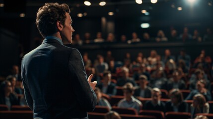 Motivational speaker with headset performing on stage