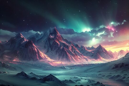 Majestic Mountain Range Painting With Aurora Lights