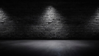 A  black brick wall with black textured background and light shining on it, for product presentation, template, banner or presentation page and web banner