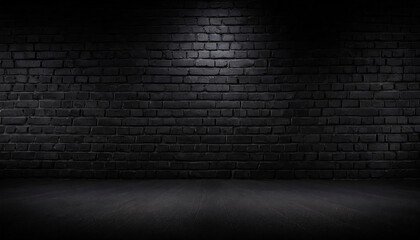 A  black brick wall with black textured background and light shining on it, for product presentation, template, banner or presentation page and web banner - obrazy, fototapety, plakaty
