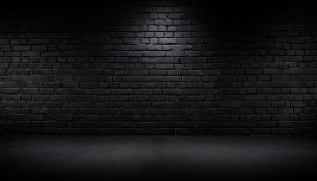 Fototapeta A  black brick wall with black textured background and light shining on it, for product presentation, template, banner or presentation page and web banner
