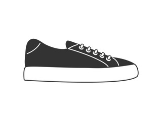 Side view Sneakers isolated on white. Flat design drawn shoes. Black and white illustration. Casual sport footwear. Clothing element for design