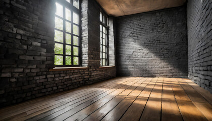 A room with a window and a black bricks  wall, smooth brown wooden floor. The room is empty and the window is letting in sunlight