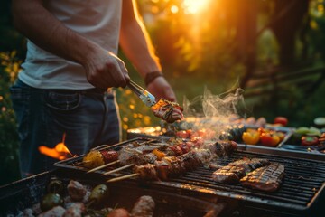 man frying meat on grill cooking food outdoors - obrazy, fototapety, plakaty