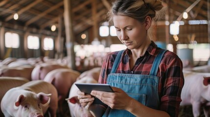 farmer / woman using a tablet ro record pig growth data, modern farming, data analyst, copy space, 16:9 - obrazy, fototapety, plakaty