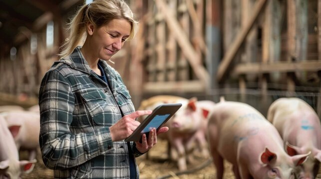 farmer / woman using a tablet ro record pig growth data, modern farming, data analyst, copy space, 16:9