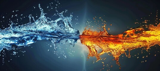 Captivating scene  fusion of fire and water in intricate interplay against dark background