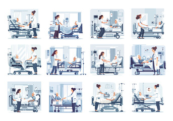 Hospital patient care cartoon scenes vector set. Nurse doctor woman character helping lying elderly person, medical ward equipment interior, illustrations isolated on white background